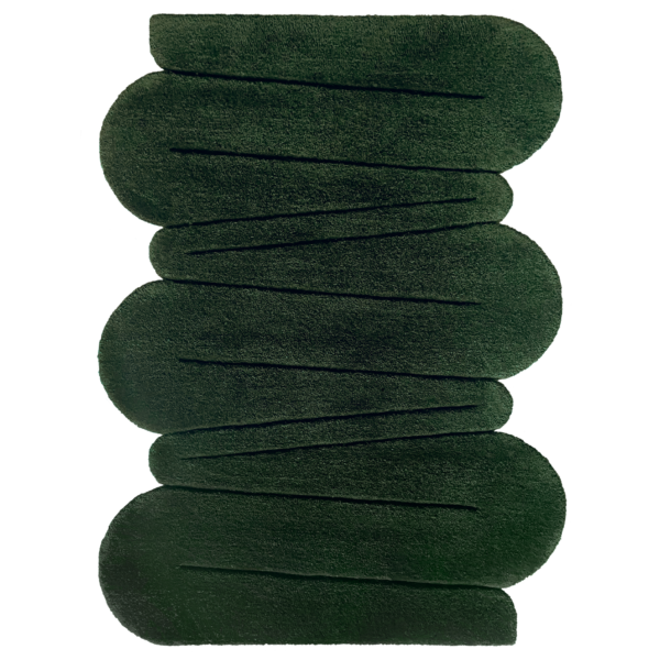 Flatlay Tapis design tufté fait main, modèle F.01, aux formes abstraites et modernes, idéal pour une décoration intérieure contemporaine.