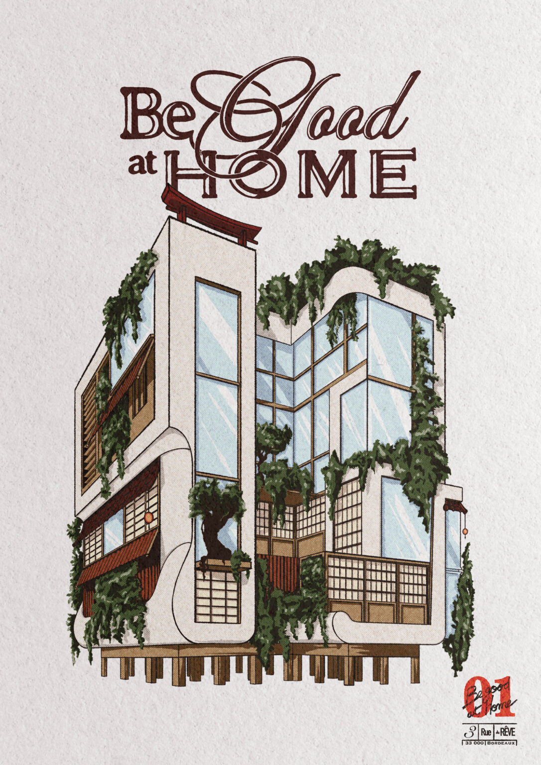 Affiche illustrative design "be good at home" maison - architecture et univers multiples