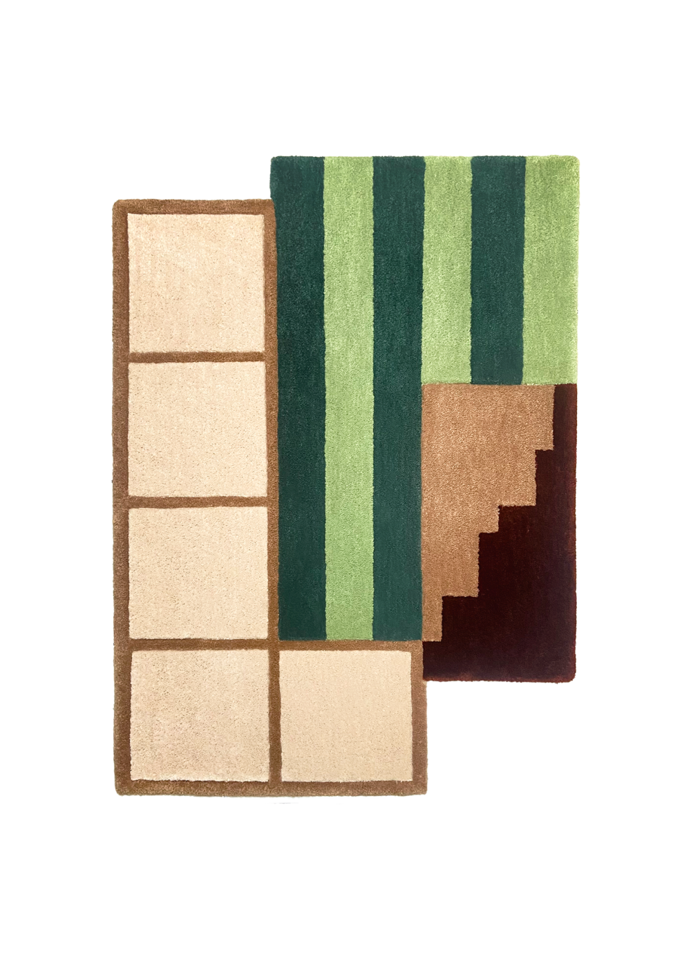 Flatlay Tapis design tufté fait main, modèle F.03, aux formes abstraites et modernes, idéal pour une décoration intérieure contemporaine.