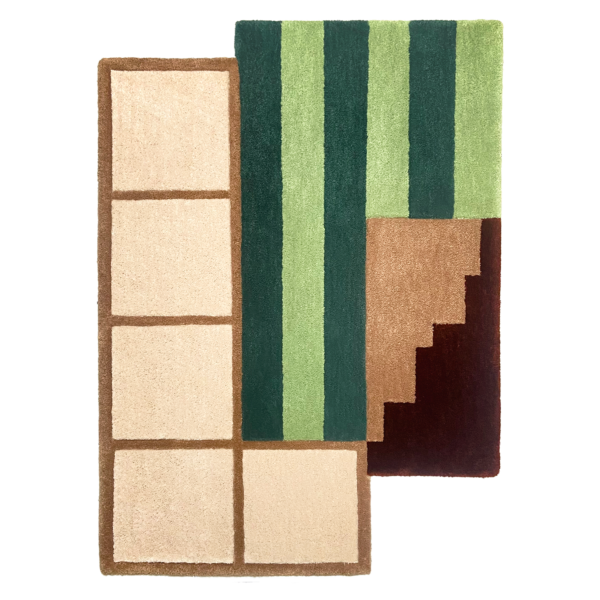 Flatlay Tapis design tufté fait main, modèle F.03, aux formes abstraites et modernes, idéal pour une décoration intérieure contemporaine.