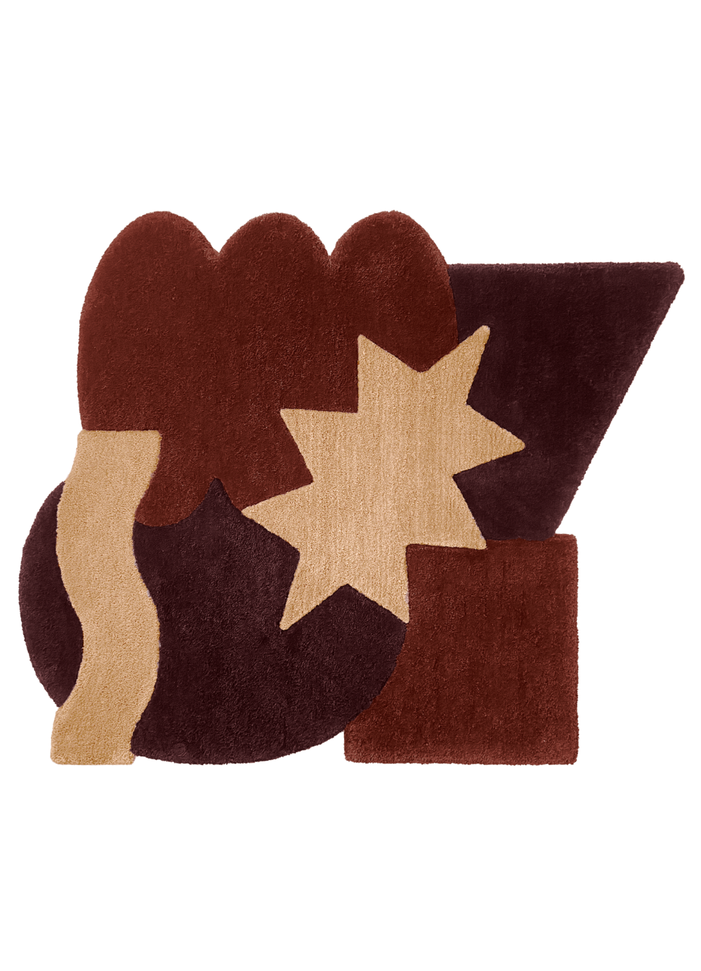 Flatlay Tapis design tufté fait main, modèle F.06, aux formes abstraites et modernes, idéal pour une décoration intérieure contemporaine.