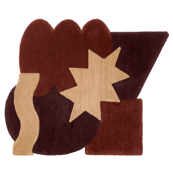 Flatlay Tapis design tufté fait main, modèle F.06, aux formes abstraites et modernes, idéal pour une décoration intérieure contemporaine.