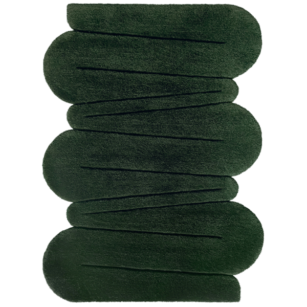 Flatlay Tapis design tufté fait main, modèle F.01, aux formes abstraites et modernes, idéal pour une décoration intérieure contemporaine.