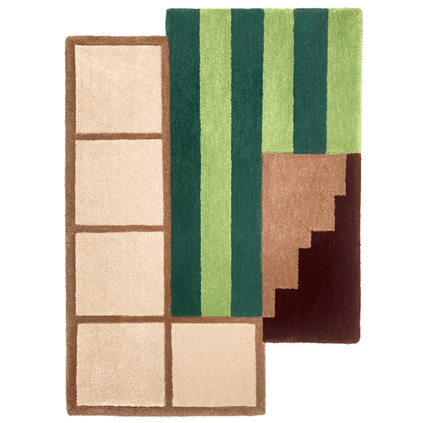 Flatlay Tapis design tufté fait main, modèle F.03, aux formes abstraites et modernes, idéal pour une décoration intérieure contemporaine.