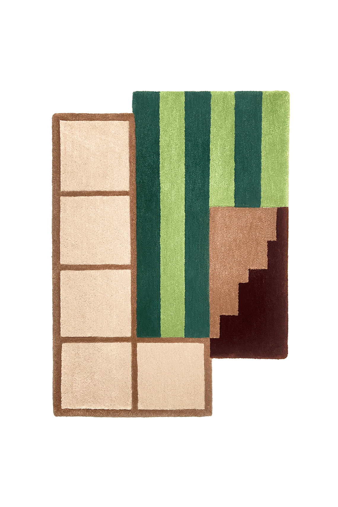 Flatlay Tapis design tufté fait main, modèle F.03, aux formes abstraites et modernes, idéal pour une décoration intérieure contemporaine.