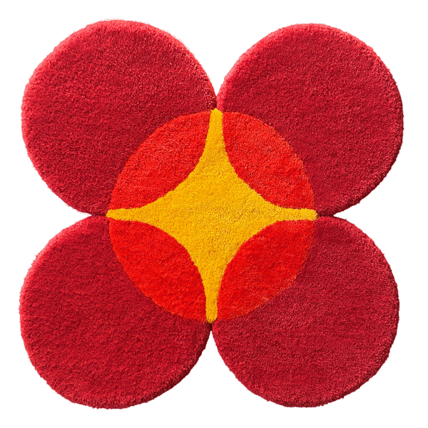 Flatlay Tapis design tufté fait main, modèle F.04, aux formes abstraites et modernes, idéal pour une décoration intérieure contemporaine.