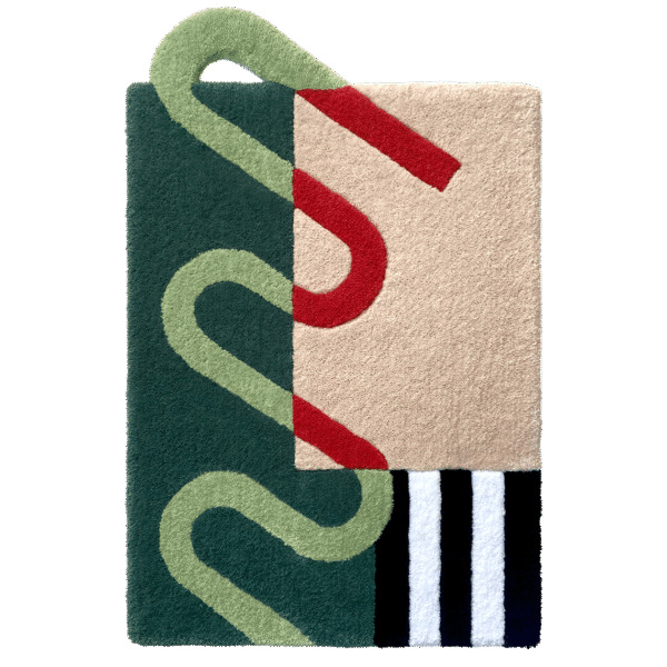 Flatlay Tapis design tufté fait main, modèle F.05, aux formes abstraites et modernes, idéal pour une décoration intérieure contemporaine.
