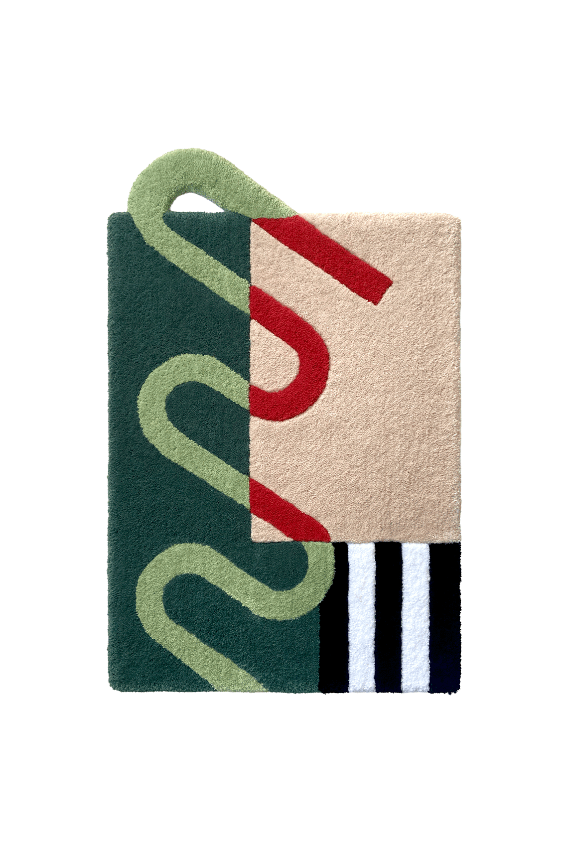 Flatlay Tapis design tufté fait main, modèle F.05, aux formes abstraites et modernes, idéal pour une décoration intérieure contemporaine.