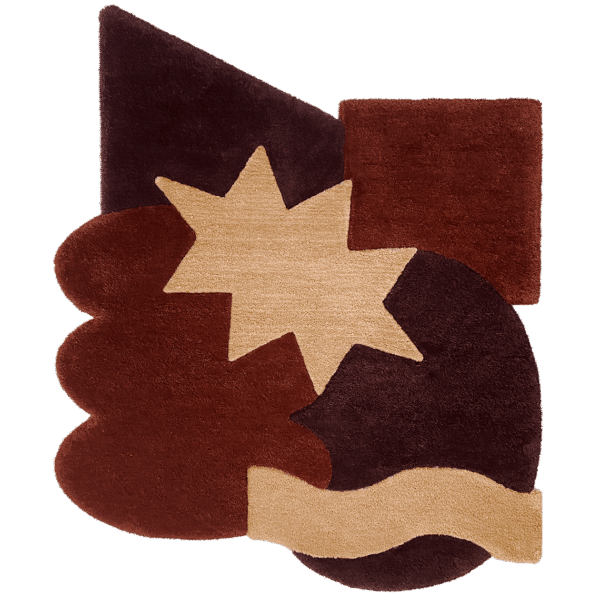 Flatlay Tapis design tufté fait main, modèle F.06, aux formes abstraites et modernes, idéal pour une décoration intérieure contemporaine.