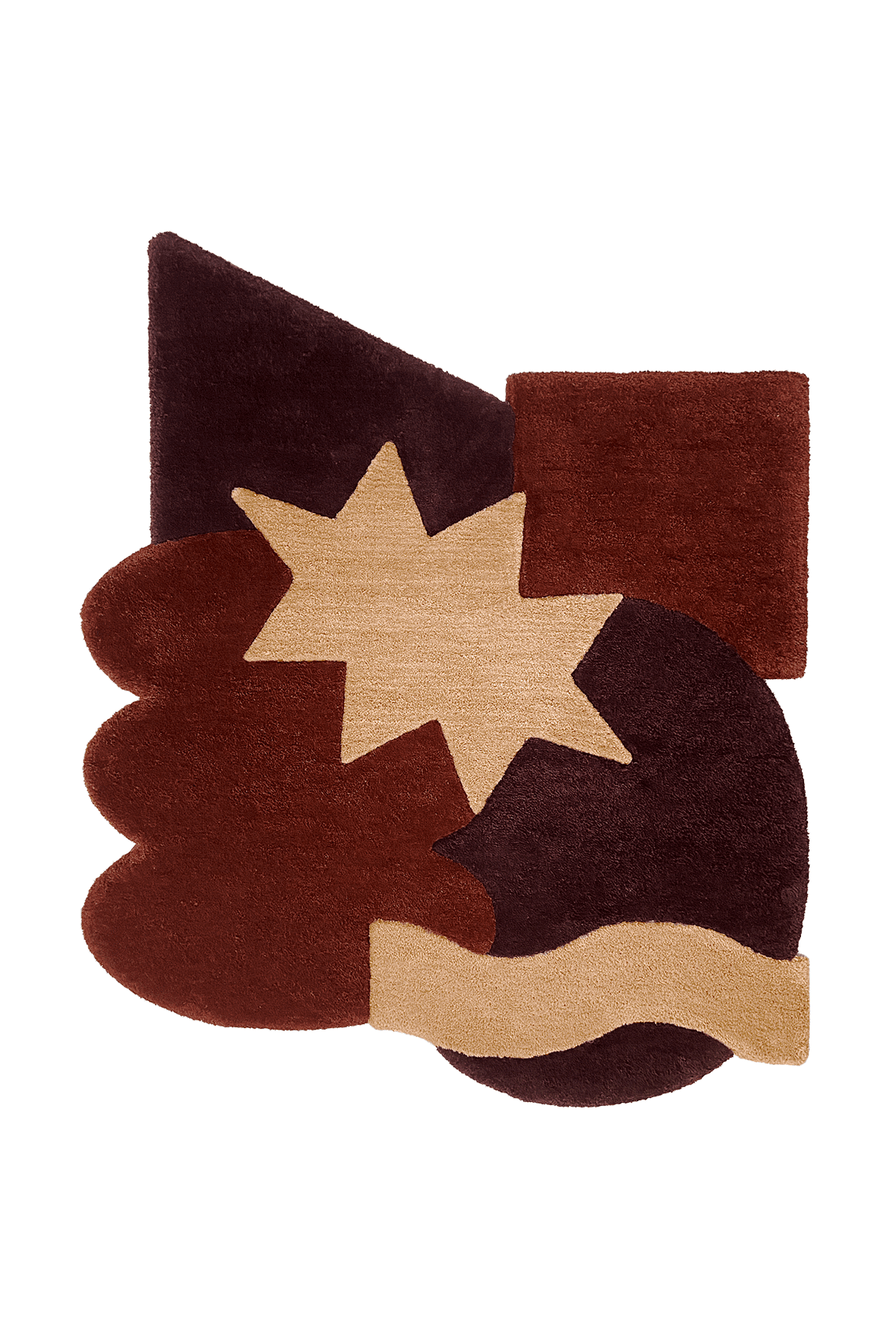 Flatlay Tapis design tufté fait main, modèle F.06, aux formes abstraites et modernes, idéal pour une décoration intérieure contemporaine.